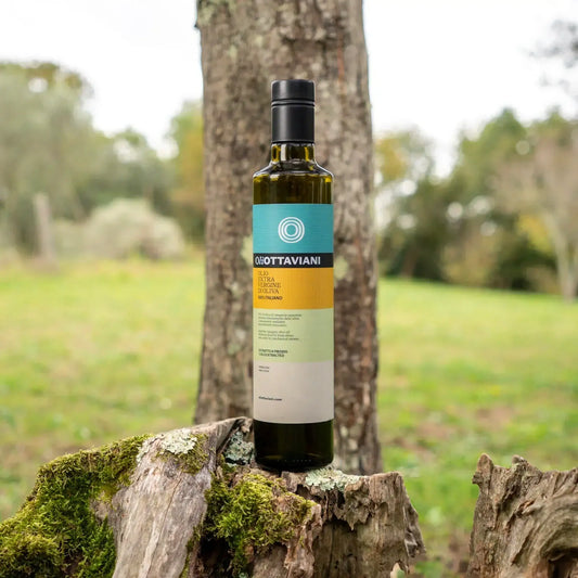 Bottiglia di olio extra vergine di oliva italiano Olio Ottaviani su tronco muschioso in natura