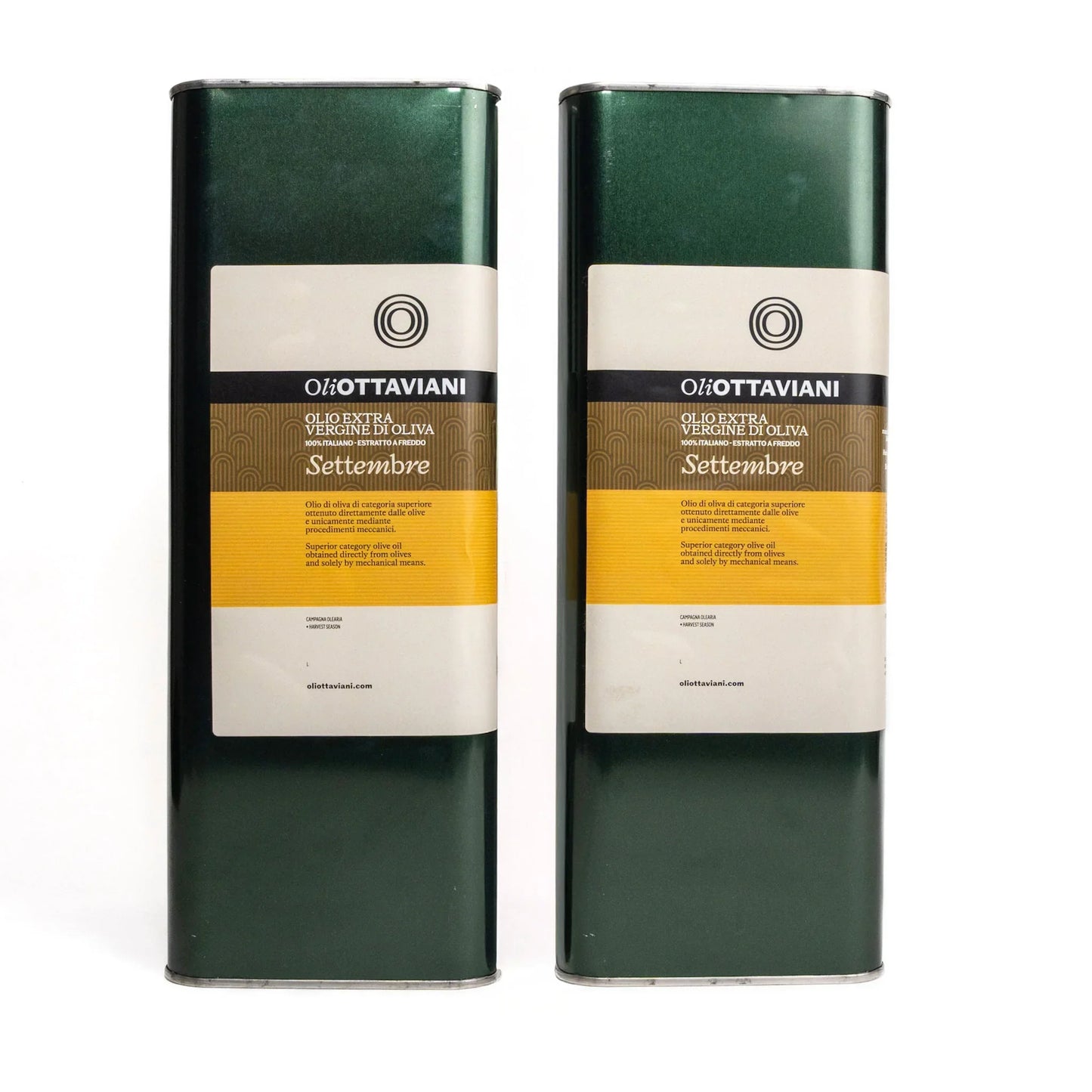 Due lattine verdi di olio extra vergine di oliva Ottaviani Settembre con etichetta gialla