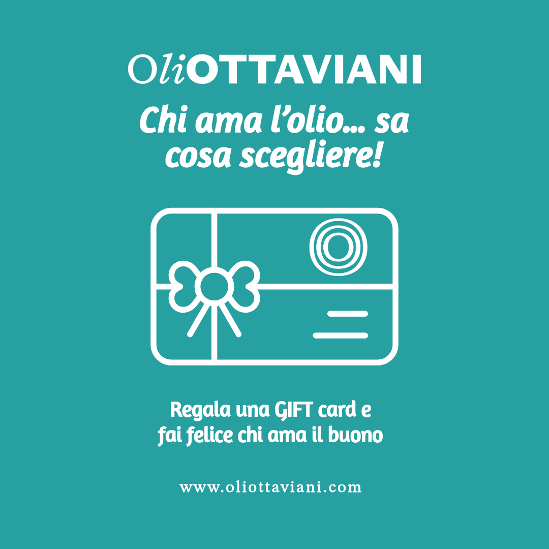 Logo OliOttaviani e promozione gift card con fiocco su sfondo turchese