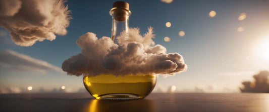 Bottiglia con liquido dorato e nuvole soffici avvolgenti in cielo sereno al tramonto