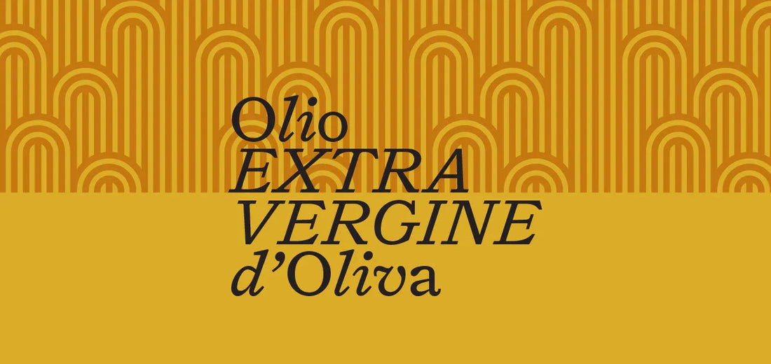 Scritta Olio Extra Vergine d'Oliva su sfondo oro con motivi geometrici ad archi