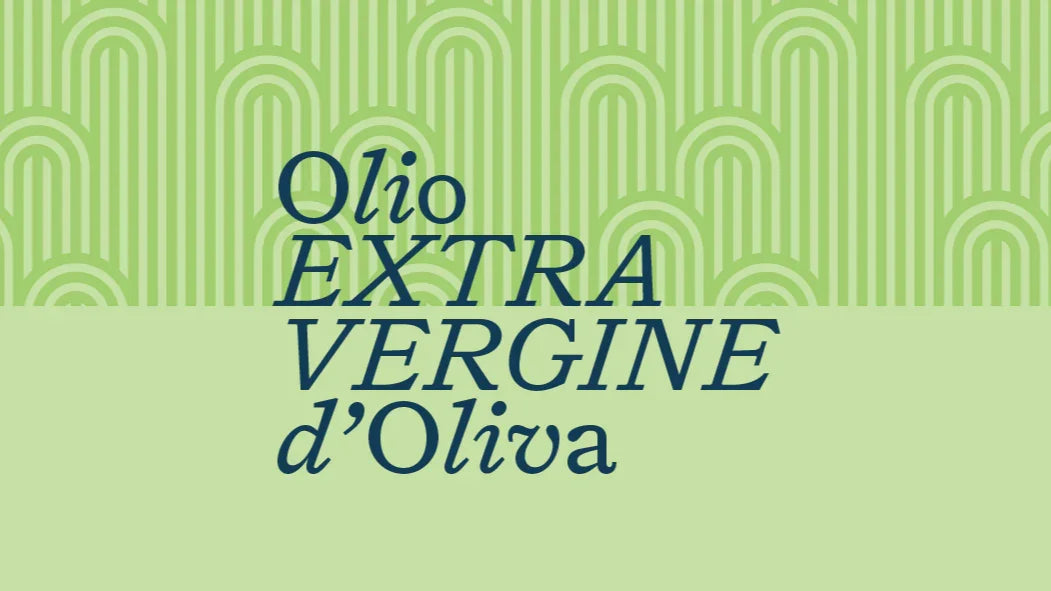 Scritta Olio Extra Vergine d'Oliva su sfondo verde con motivi geometrici