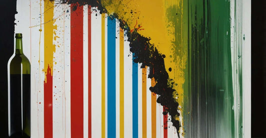 Bottiglia di vino accanto a strisce colorate e macchie di pittura su sfondo bianco