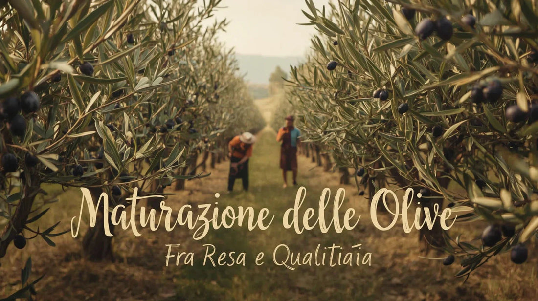 Ulivi con olive nere mature in campo agricolo con due agricoltori sullo sfondo