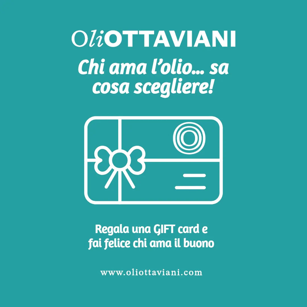 Promo gift card OliOttaviani per amanti olio, con scritte su sfondo turchese.