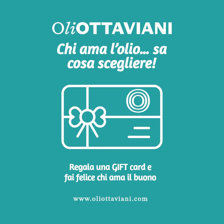 Promo gift card OliOttaviani per amanti olio, con scritte su sfondo turchese.