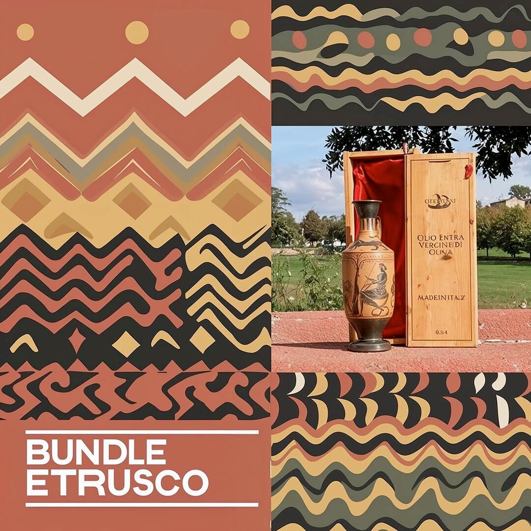 Vaso etrusco antico con cassa di legno decorata su sfondo natura e grafica pattern etrusco