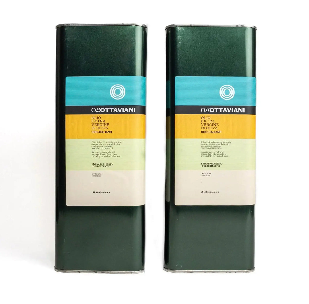 Due lattine verdi di olio extra vergine di oliva Ottaviani con etichette colorate