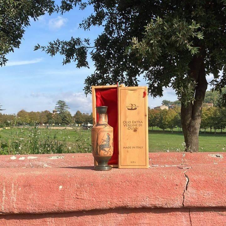 Bottiglia di olio extra vergine di oliva artigianale in ceramica con confezione di legno, all'aperto su muro rosso